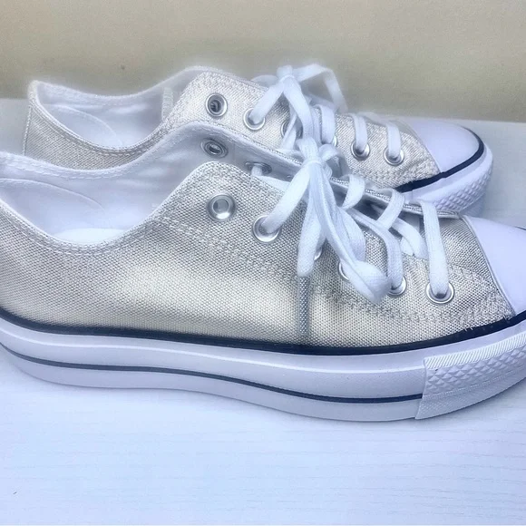 Converse Women's All Star Ox Lift Gold/Cream Sparkling Canvas Platform Sneakers - Picture 8 of 16